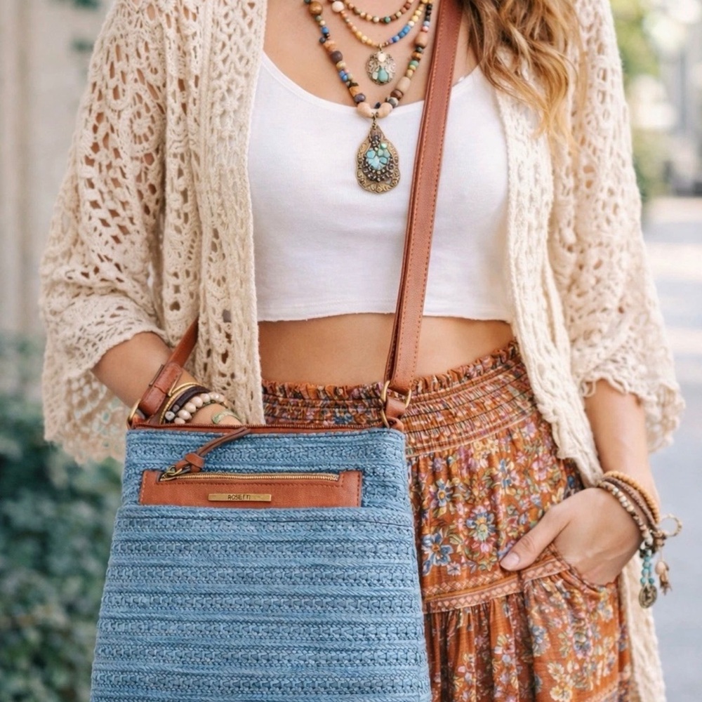 Rosetti Crossbody Bag Blue Woven Faux Leather Boho Vintage Shoulder Purse